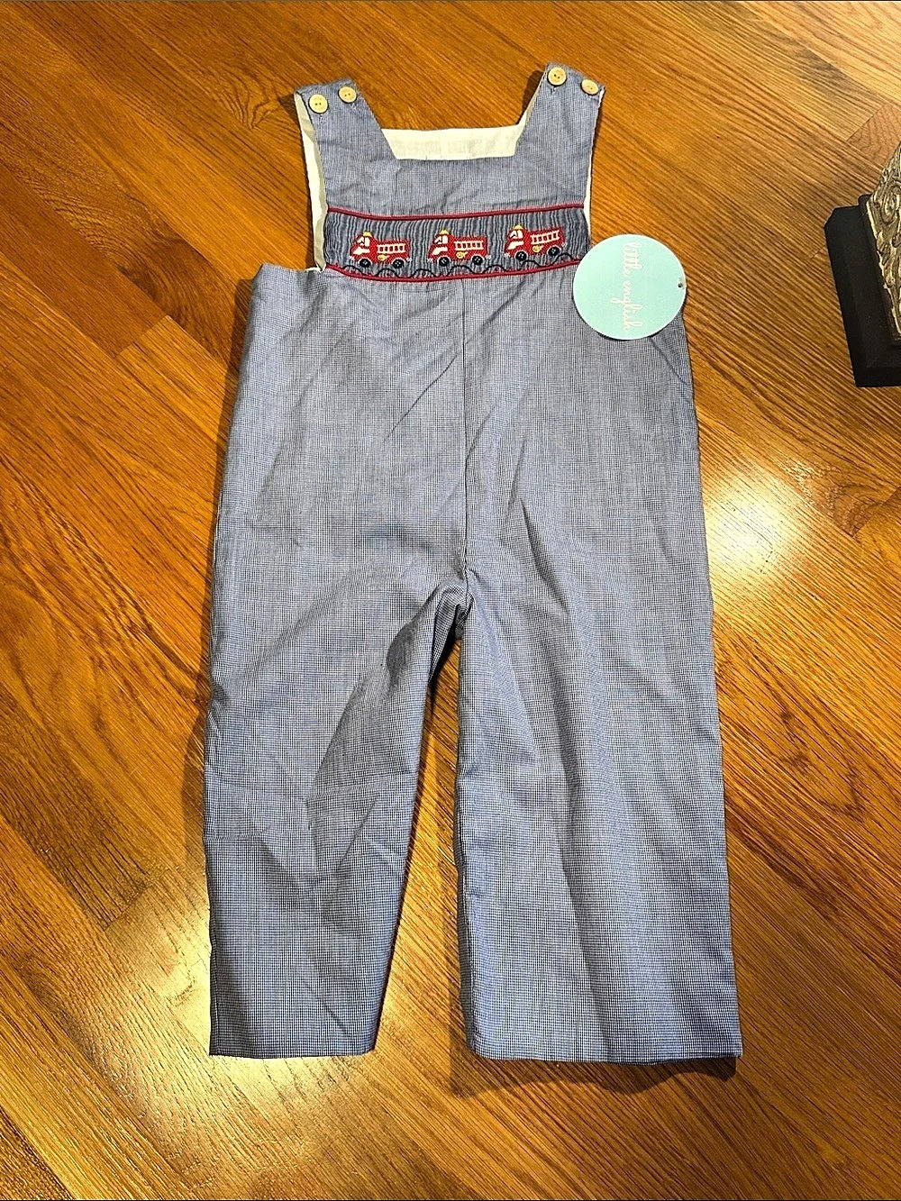 Little English Smocked Longall in Firetruck Blue Checkered Jumpsuit